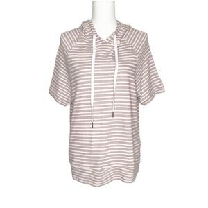 Kayleigh Giuliana Pink White Striped Terry Short Sleeve Hooded Top Medium